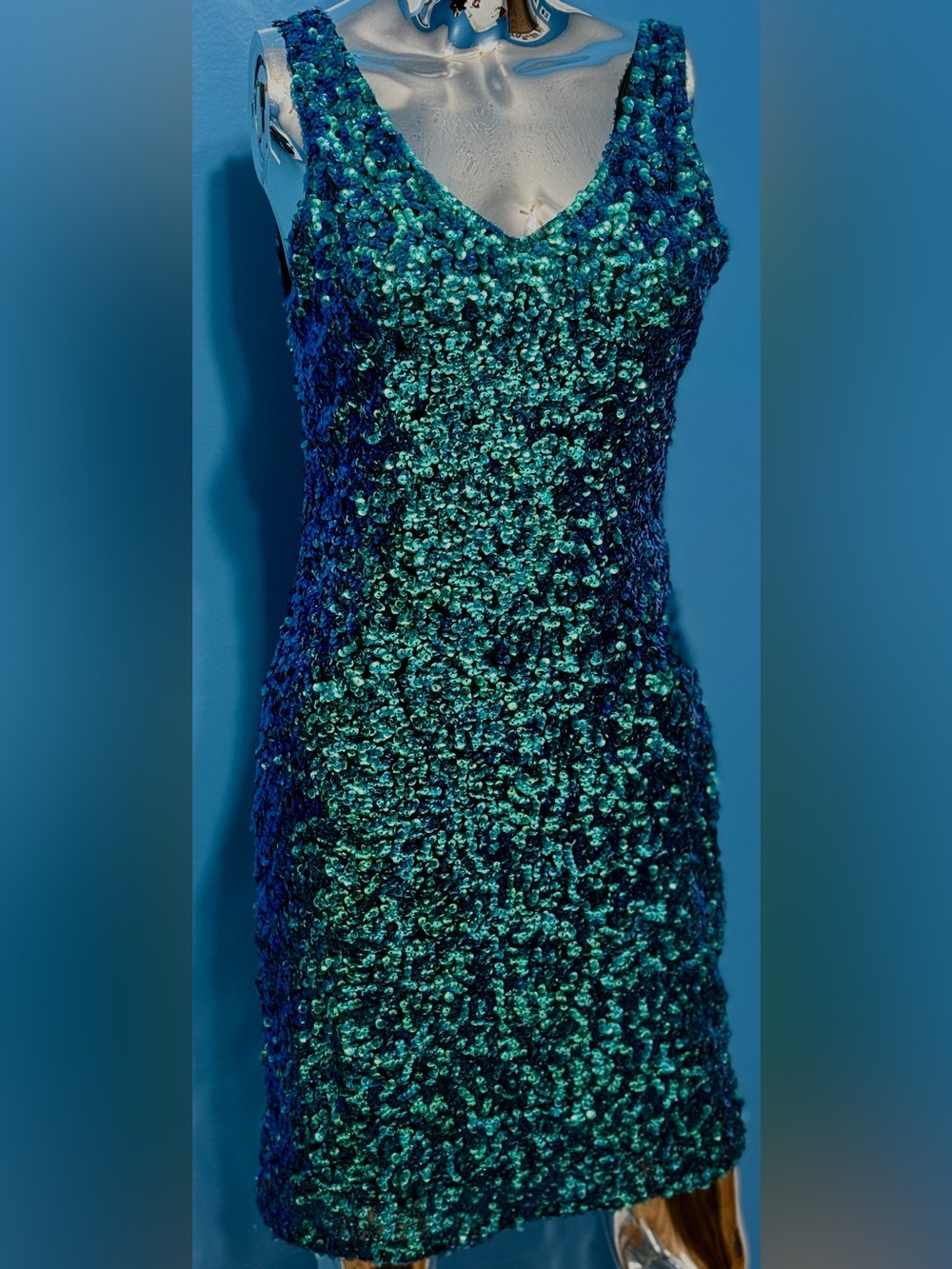PrettyGuide Bodycon Iridescent Green-Blue Sequin Strapless Dress L